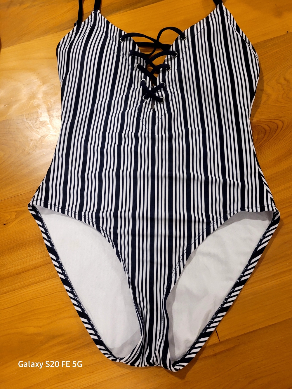 Nautica Navy and White Striped Lace-Up One-Piece Swimsuit